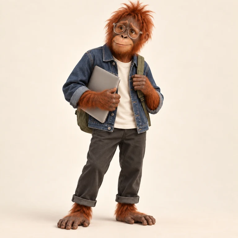 Marvin wearing a denim jacket and glasses, ready to study with his laptop.