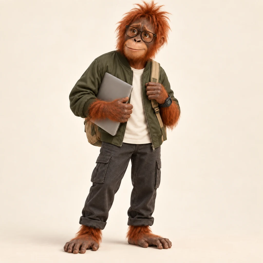 Marvin, a thoughtful orangutan student with glasses, a green jacket, backpack and laptop.