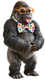 Murphee the gorilla wearing orange glasses and a spotted bow tie.